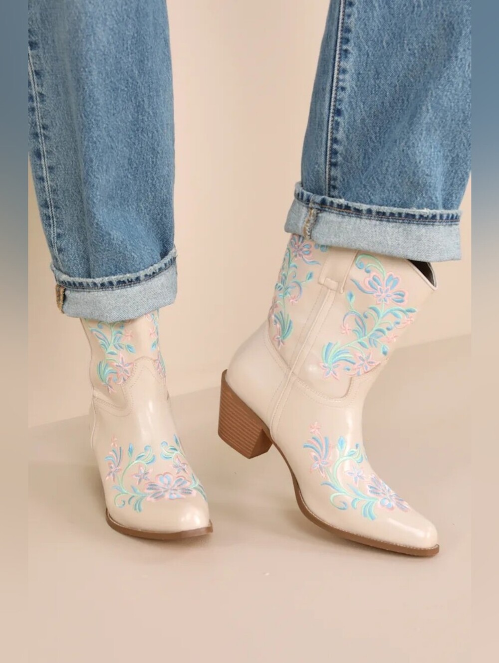 Lulus Birgitta Bone Embroidered Western Ankle Boots Sz 10 EUC